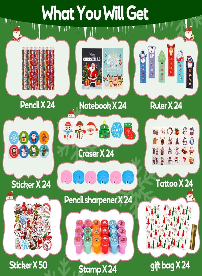 Atonofun 242 Pcs Christmas Party Favors, Christmas School Stationery Set Xmas Classrooms Reward Prizes for Kids Notebooks Stickers Stamps Rulers Pencils Sharpener Erasers for Goodie Bag Fillers - Image 2